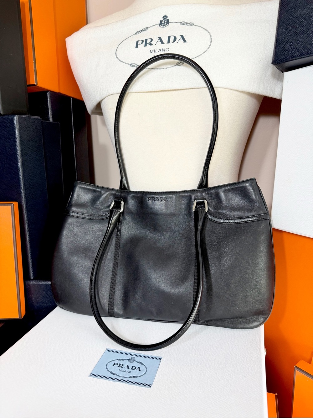 Prada🌟Black Smooth Leather and silver hardware Shoulder Bag! Offers welcome! - Picture 4 of 16